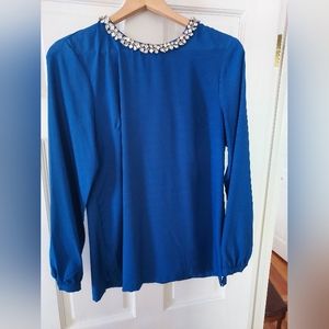 Ladies royal blue beaded neckline top embellished. Size M, long sleeved
